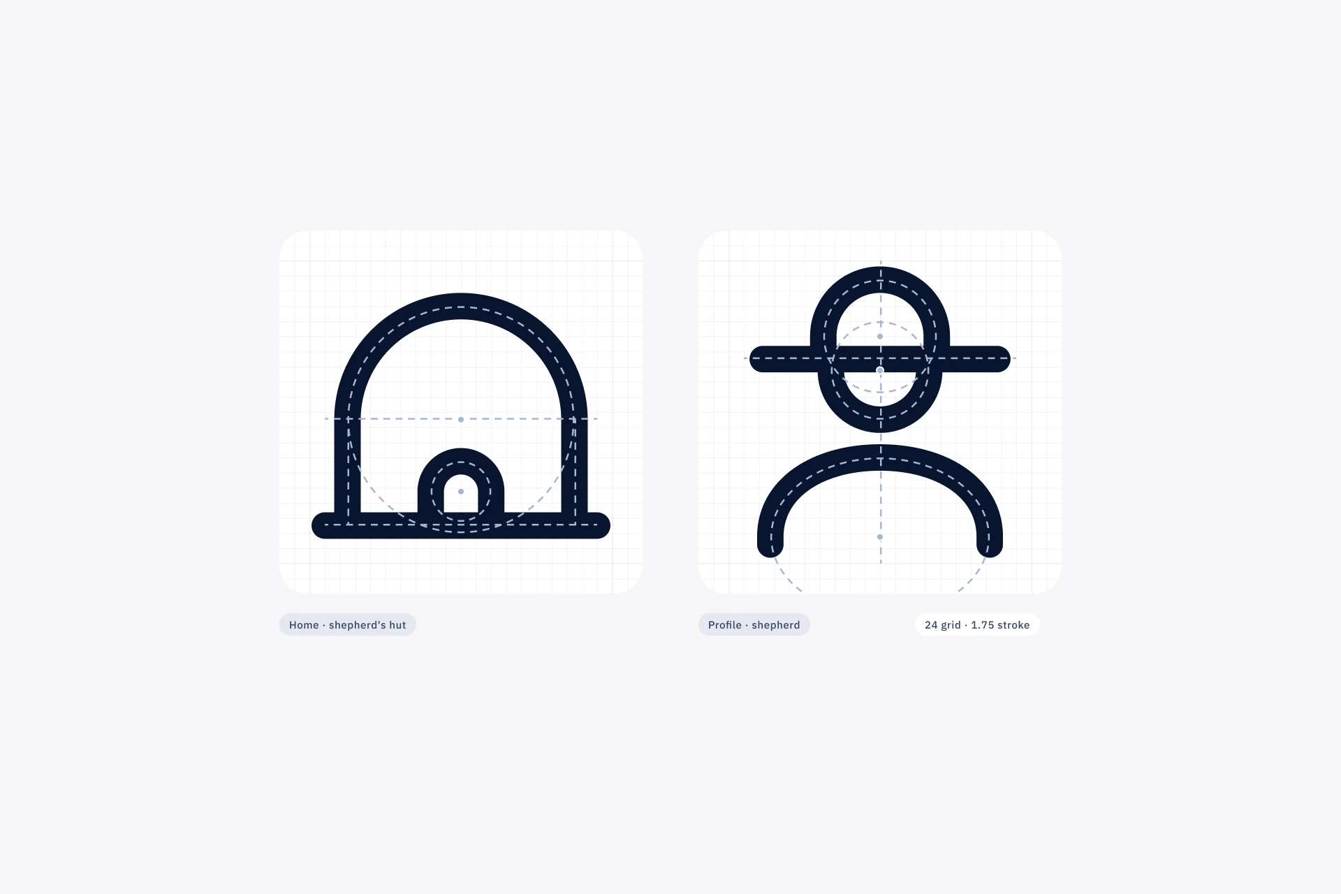 Construcción de dos iconos de Loom sobre una retícula de 24: la cabaña del pastor, para el inicio, y el pastor, para el perfil.