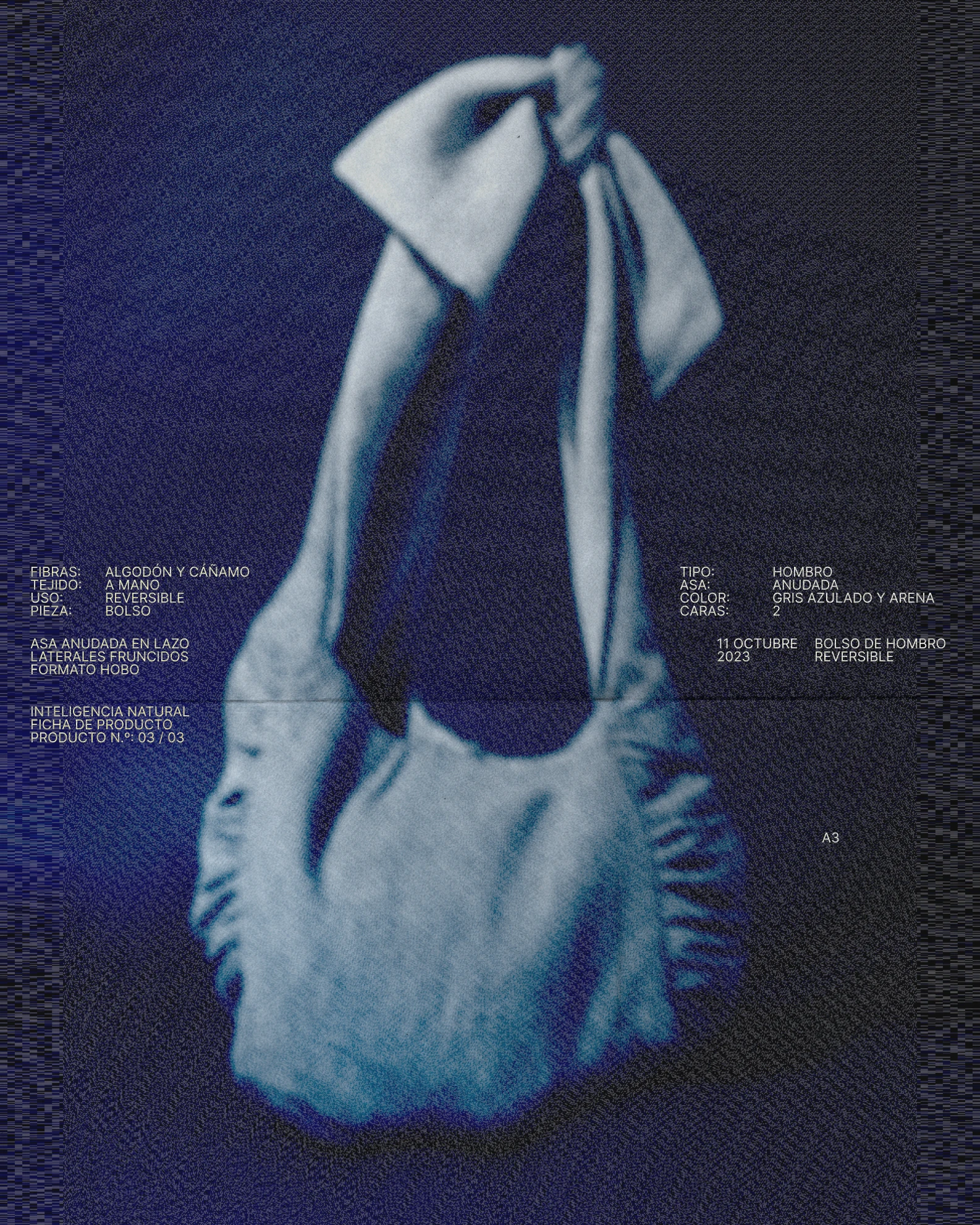 Ficha de producto del bolso de hombro, en azul: algodón y cáñamo tejidos a mano, asa anudada en lazo, en gris azulado y arena.