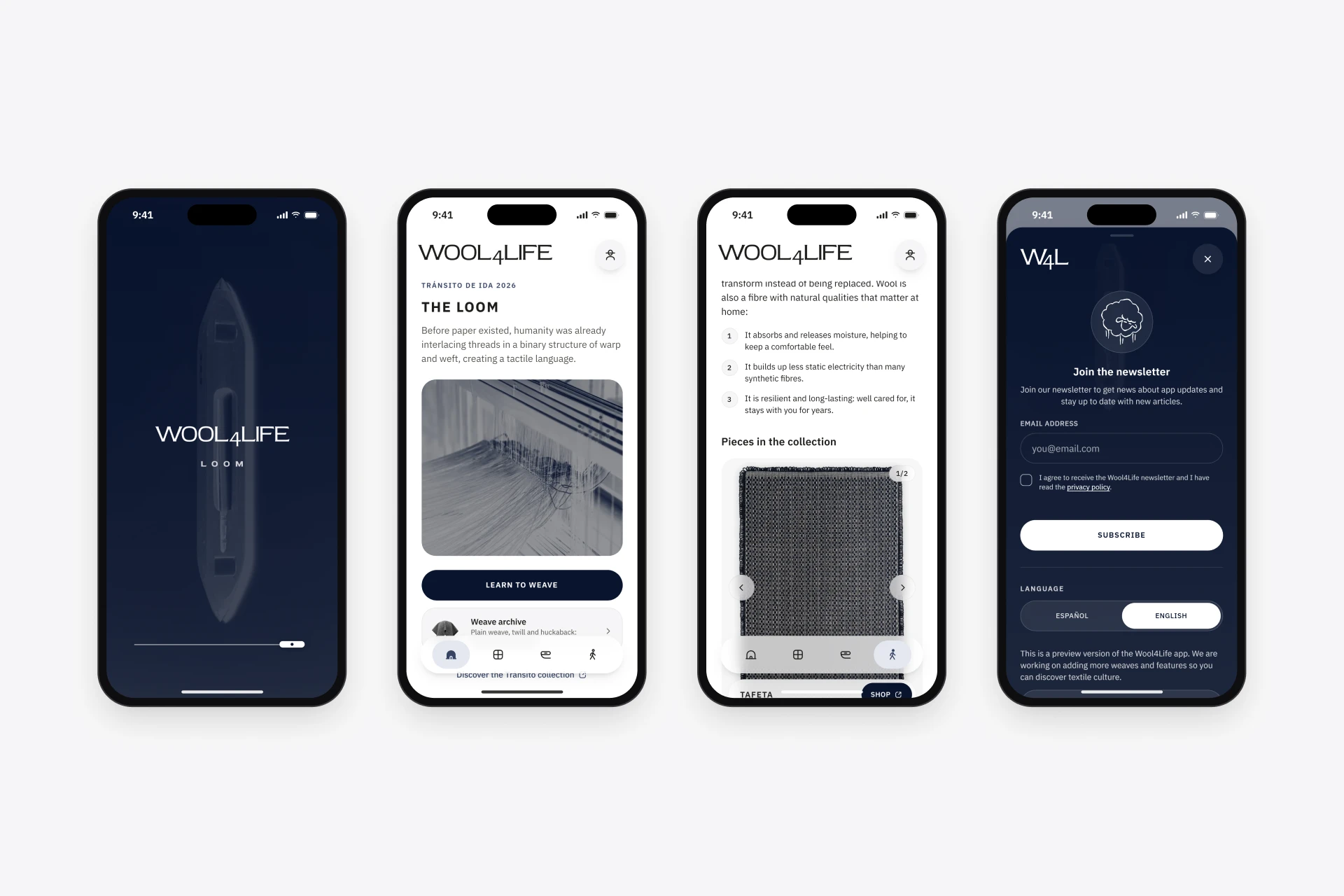 Cuatro pantallas de Loom en iPhone: la de carga, la de inicio con el telar, las piezas de la colección y la suscripción al boletín.
