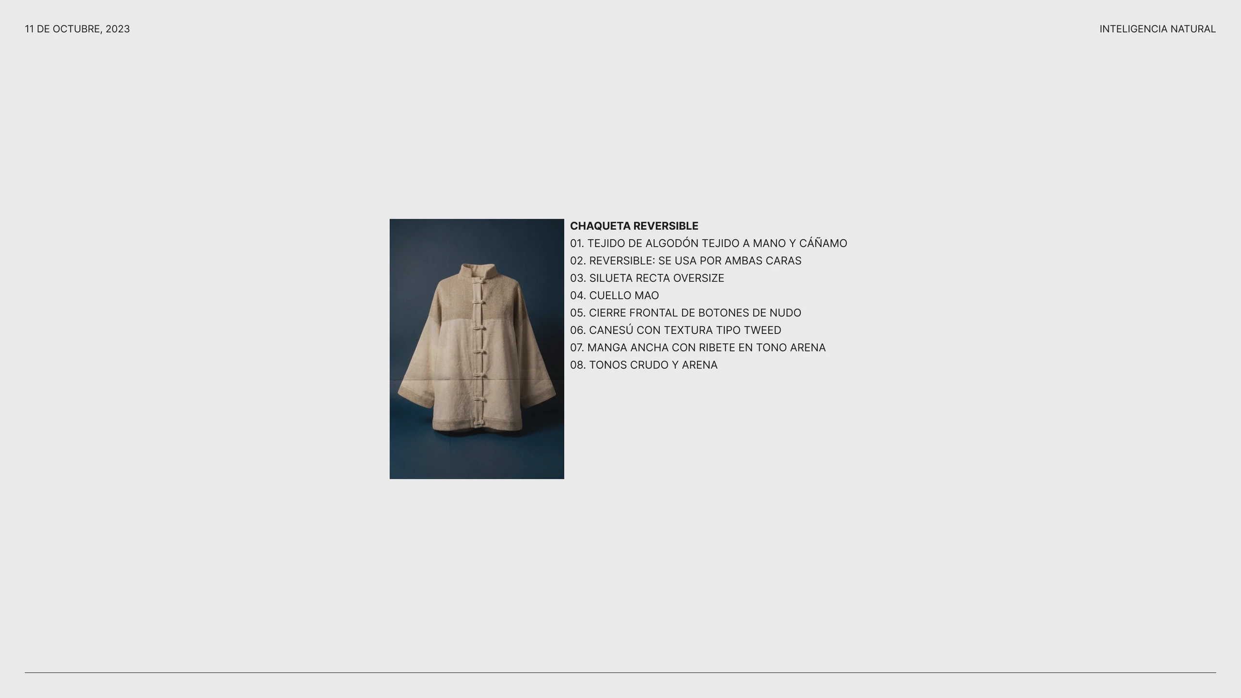Ficha de producto de la chaqueta reversible: algodón y cáñamo tejidos a mano, silueta recta oversize, cuello mao y botones de nudo, en crudo y arena.