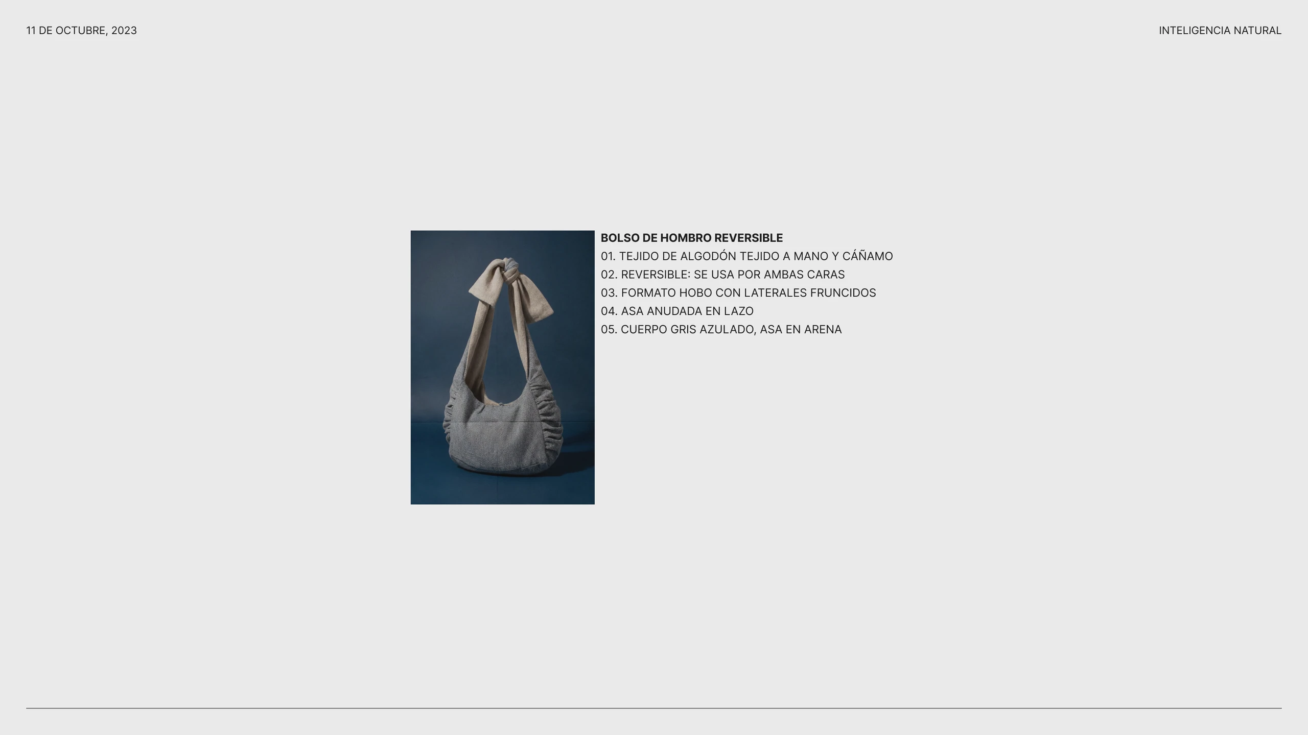 Ficha de producto del bolso de hombro reversible: algodón y cáñamo tejidos a mano, laterales fruncidos y asa anudada en lazo, en gris azulado.